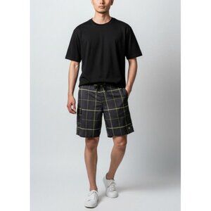 Mens OP Black & Yellow Plaid Swim Trunks With Elastic Waist & Drawstring Size M